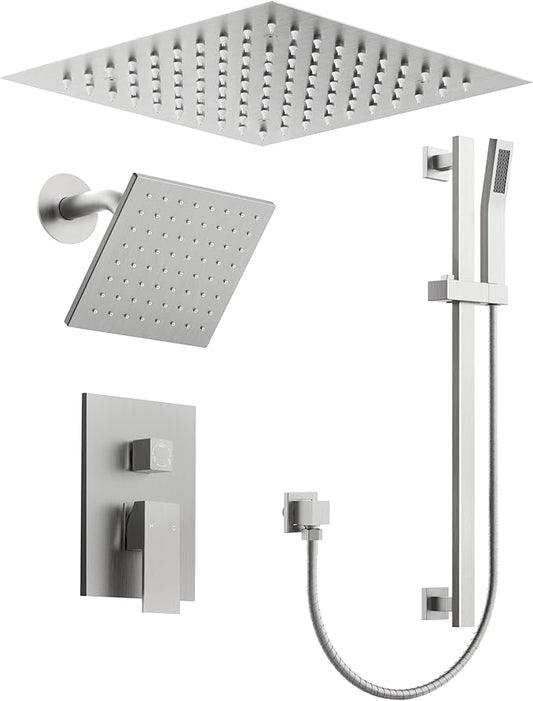 Celling Mount 64 Color LED Mood Lighting Dual Rainfall Shower Head Faucet, 12 Inch Rainfall Shower System (Brushed Nickel)