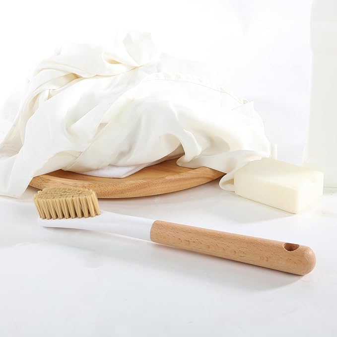 Wood Laundry Brush, OSCIOSS Laundry Stain Brush wth Long Handle and Soft Bristle for Cleaning Clothes & Shoes, Protable Laundry Brush for Stains on Clothes (Natural-2Pack)