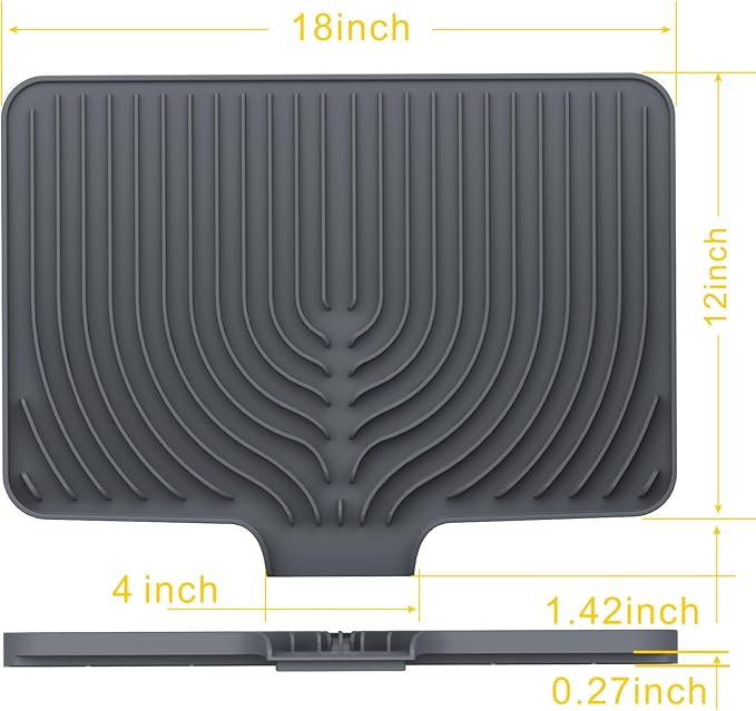 Silicone Drying Mat for Kitchen Counter , Dish Drying Rack Matt with Built in Drain, Small Dry Mats for Dishes Drying Pad for Kitchen Counter (18×12inch Extra Raised, gray)