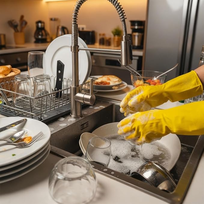 Rubber Kitchen Dishwashing Gloves - 4 Pairs Yellow Reusable Household Cleaning Gloves
