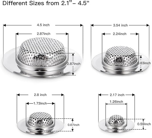 CORNERJOY 4 Pack Heavy Duty Stainless Steel Kitchen Sink Drain Strainer, Bathroom Hair Catcher Shower Drain Cover, Sink Tub Drain Stopper, Wash Basin Floor Drain, 2.1 to 4.5 Inch Diameter Rim