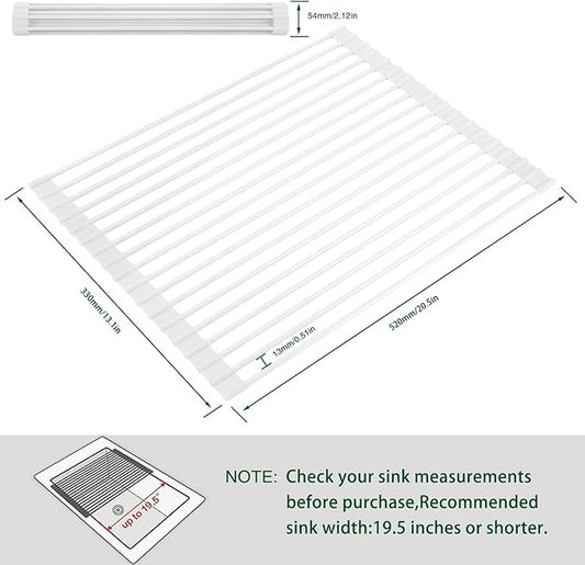 HANZENMA Roll Up Dish Drying Rack Over The Sink Kitchen Roll Up Sink Drying Rack Multipurpose Foldable Sink Drying Mat, Heat-Resistant, Anti-Slip & Anti-Rust Dish Rack for Kitchen, 20.5" x 13", White
