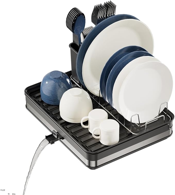 Sineng Expandable Dish Drying Rack,Stainless Steel Foldable Dish Rack with Cutlery Holder,Multifunctional Compact countertop Dish Drainer,Space Saving extendable Big Capacity Dish Holder