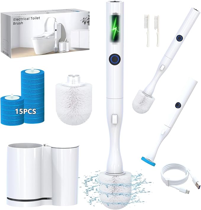 Electric Toilet Brush and Holder Set, Hillyfe Motorized Toilet Brush with 15 Disposable Refill Heads, Hard Nylon Brush 360 Degree Cleaning, Rechargeable