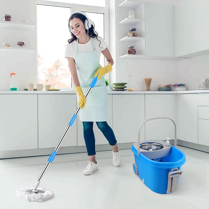 Spin Mop and Bucket with Wringer Set on Wheels, 360° Spinning Mop Bucket System with 3 Microfiber Mop Replacement Heads and 61" Stainless Steel Adjustable Handle for Floor Cleaning (25QT)