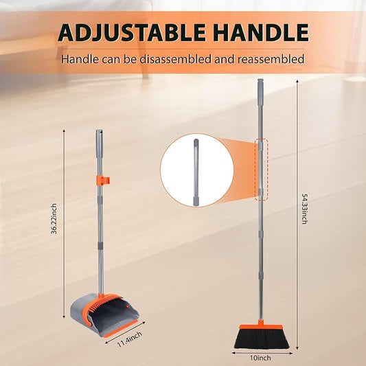 YZO Broom with Dustpan Combo Set, 56.1-Inch Long Handle Standing Design, Dustpan Front Rubber Tight Seal, Broom with 5-Layer Bristles, Suitable for Indoor Outdoor(Gray&Orange)