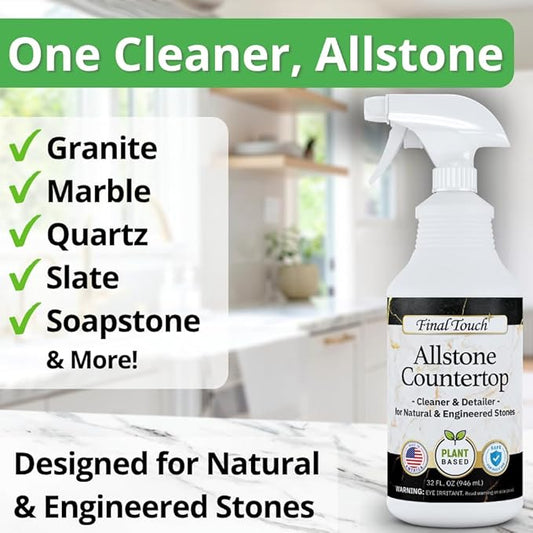 Final Touch AllStone Countertop Cleaner – Plant-Based Stone Safe Cleaning Spray with Scrub Brush – Daily Use Cleaner for Granite, Quartz, Marble, Kitchen Counters – Streak-Free Detail Clean