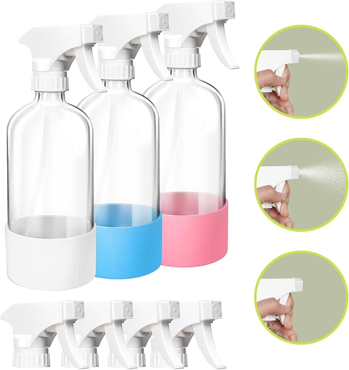 Glass Spray Bottles, 16oz Refillable Containers, Adjustable Spray Nozzles, Spray Bottles for Hair, Solutions, Cleaning, Gardening, Aromatherapy, Pets, Hair -Clear