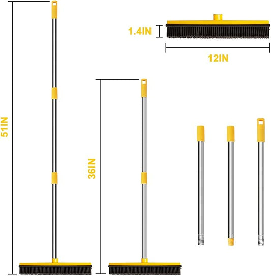 Rubber Broom for Pet Hair Removal, Carpet rake with Squeegee for Cleaning Pet Hair, 52 inch Long Handle Rubber Broom,Dual-Sided for Small Fluff Carpet, Hardwood Floor, Tile,Orange