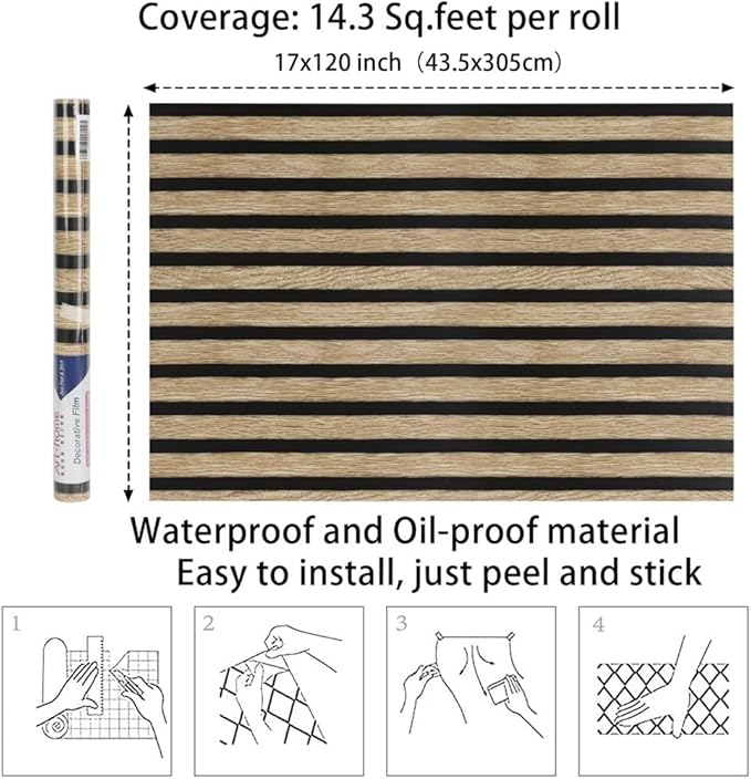 Arthome 17''x120'' Wood Slat Wallpaper,Peel and Stick Self Adhesive Wood Wallpaper PVC Vinyl Decorative Removable Wallpaper Waterproof Faux Wood Grating Stripe Contact Paper for Living Room Bedroom