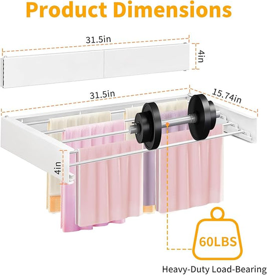 Wall Mounted Laundry Drying Rack, 31.5'' Collapsible Clothes Rack with 5 Rods, Heavy Duty Foldable Space Saving Laundry Drying Rack for Clothing & Towels