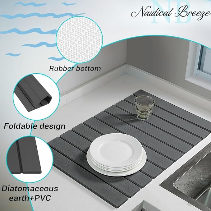 Roll-Up Stone Mat - Premium Diatomaceous Earth Dish Drying Rack, Water Absorbent Roll-Out Dish Drying Mat for Kitchen Countertops, Eco-Friendly, Quick-Dry Surface
