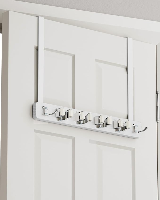 BS-VOG Over the Door Broom Holder, Mop and Broom Holder Door Mount, Hanging Organizer with 4 Racks & 2 Hooks, Wooden Hanger Storage Decor, Laundry Tool Organizer for Closet Garage, No Drills