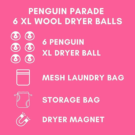 6-Pack XL Organic Wool Dryer Balls - 100% New Zealand Wool, Reuse for 1000 Loads, Fair Trade, Handmade in Nepal, Dryer Balls Laundry Reusable, Penguins Dryer Ball Set, Mesh Laundry Bag