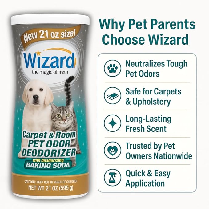 Wizard Carpet Deodorizer with Baking Soda, Pet Odor Eliminator Carpet Freshener Powder, Odor Absorber & Room Deodorizer, Carpeting Powder Fresh Scent – 3 Pack, 21 oz per Bottle (63 Ounces)