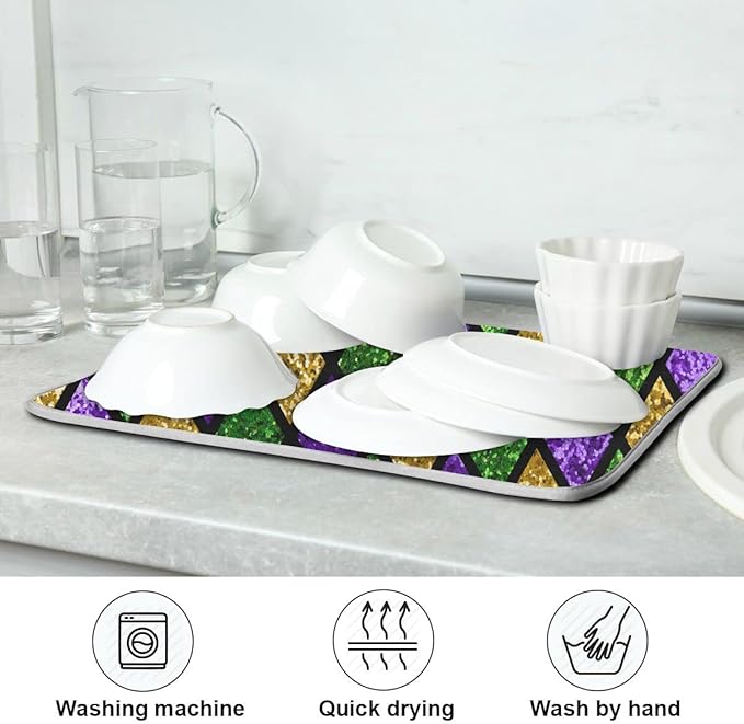 Mardi Gras Dish Drying Mat for Kitchen Gold Purple Green Buffalo Plaid Microfiber Drying Mats Absorbent Reversible Dish Pad Large Dish Draining Mat 18x24 inch