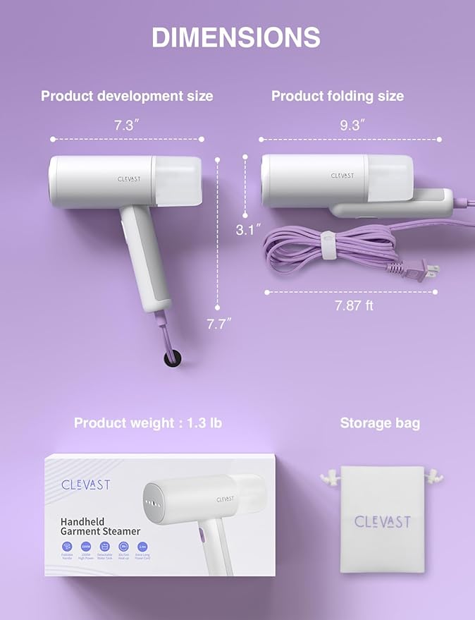 CLEVAST Steamer for Clothes - Portable Garment Steamer, Handheld Foldable Travel Size, Wrinkle Remover, 30-Second Fast Heat Up, 1000W Powerful Steam Output, 120V Only - S