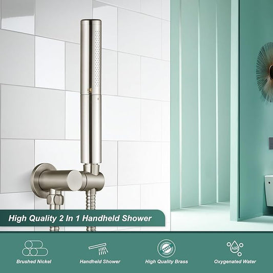 Heyalan Brass 2 in1 Function Handheld Spray Hand Shower High Pressure Handheld Sprinklert Shower Wand with Shower Hose and Adjustable Hand Shower Holder, Brushed Nickel