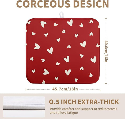 Valentine's Day Love Heart Dish Drying Mat for Kitchen Counter 16x18 Inch Valentine Theme Dish Mats Absorbent Microfiber Dish Draining Mat Reusable Washable Dish Drainer Rack Pad