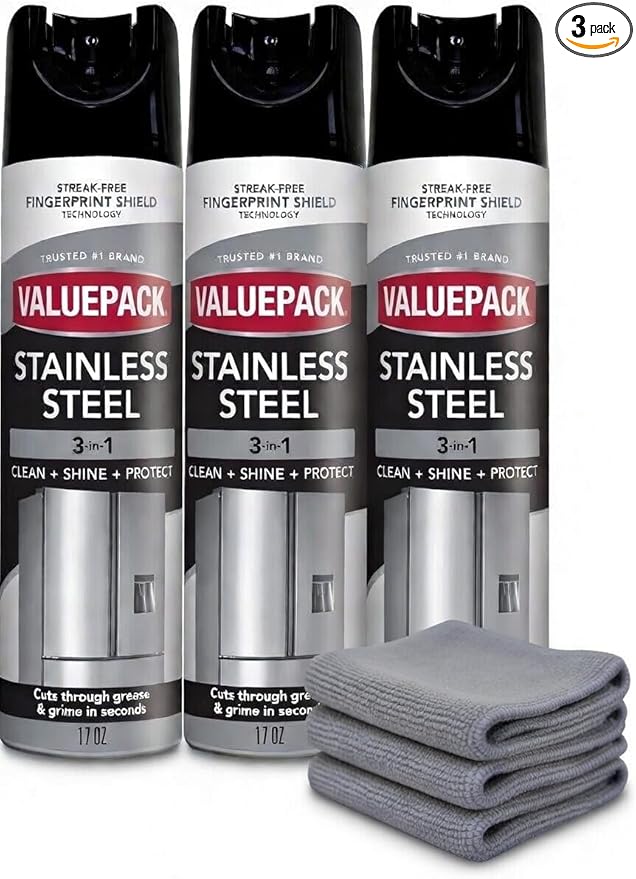 Stainless Steel Cleaner & Polish for Kitchen Appliances, 17 oz, 3 Pack with 3 Microfiber Cloths