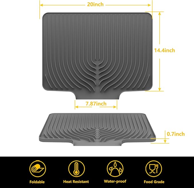 Silicone Drying Mat for Kitchen Counter , Dish Drying Rack Matt with Built in Drain, Small Dry Mats for Dishes Drying Pad for Kitchen Counter (20×15.7inch Extra Large, gray)