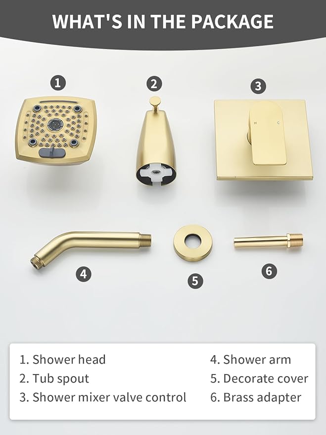 Brushed Gold Shower Head and Handle Set 5 Inch Bathtub Faucet Shower Faucet with 6-Spray Shower Head Shower Valve Kit Modern Shower Set High-Pressure Shower Trim Kit