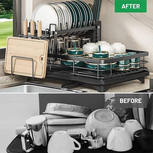 BCWW Drying Rack Dishes Stainless Steel Large Capacity 2-Tier Drying Rack Kitchen Counter Organizer with Cup Holder, Utensil & Cutting Board Storage, Space Saving (Black)