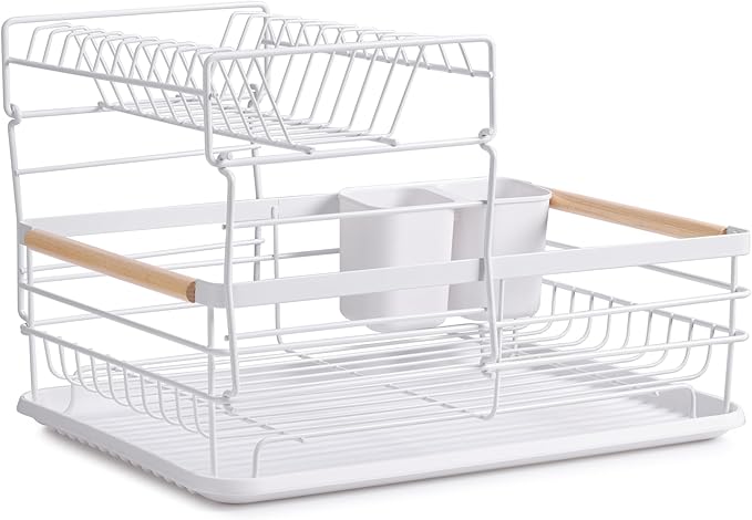 Navaris 2 Tier Dish Rack - Compact Drying Kitchen Board with Drip Tray & Cutlery Holder - Easy to Assemble and Clean Dishes - Sink Drainer Rack - White