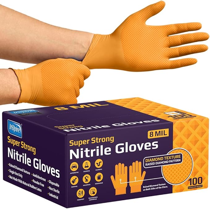 Inspire Heavy Duty Orange Nitrile Gloves | ULTRA 8 Mil Diamond Textured Grip | Industrial Mechanic Disposable Cleaning Gloves