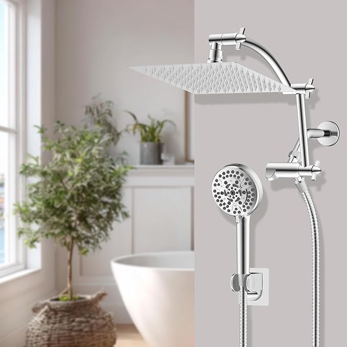 Hibbent All Metal cUPC Certified Shower Head, 8'' High Pressure Rainfall Shower Head, Handheld Showerhead Combo with 16'' Adjustable Extension Arm, 10 Sprays, 71'' Hose, Showerhead Holder, Chrome