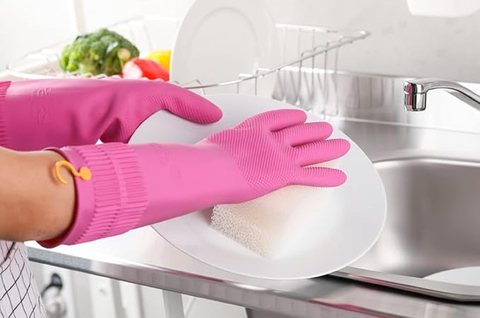 Myungjin 2 Pairs Reusable Waterproof Non-Slip Honeycomb Grip Latex Rubber Gloves with Hang-Dry Hooks/Hanging Loops for Dishwashing Household Cleaning Cooking (Large)