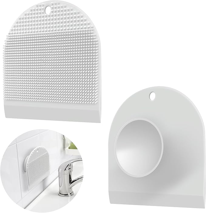 2 Pack Silicone Sink Cleaning Brush with Squeegee, Flexible Non-Scratch Dish Scrubber for Kitchen and Bathroom Sink, Countertop & Dishwashing, Suction Cup Hanging Design (White)