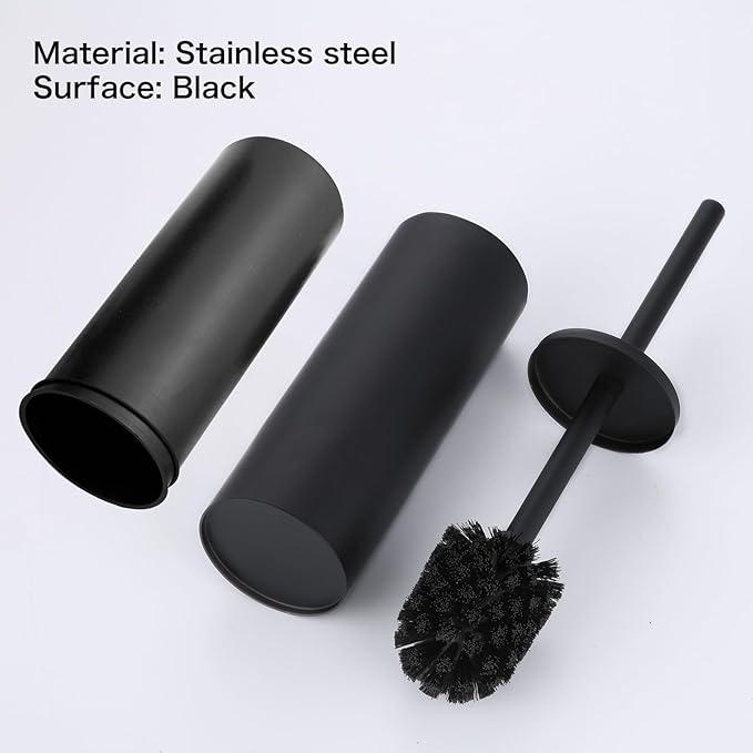 Freestanding Toilet Bowl Brush and Holder - Black Toilet Brush Round Metal, Stainless Steel Toilet Brush Set with Removable Inner Bucket and Splash Guard Cover - Dense bristles (with Brush Handle)