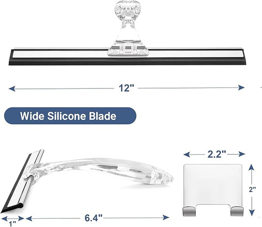 AmazerBath Squeegee for Shower Glass Door, Shower Squeegee for Glass Doors - All-Purpose Squeegee with Hook for Shower Doors, Windows, Mirrors, Tiles and Car Glass, 12 Inches - Clear