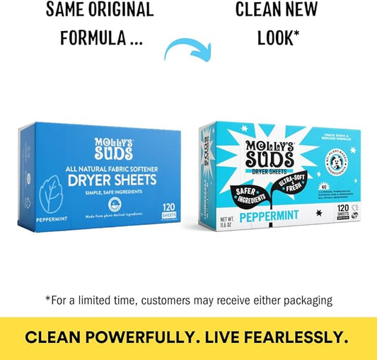 Molly's Suds Fabric Softener Dryer Sheets for Sensitive Skin | Plant-Based Static Reducer, Plastic-Free Packaging | Peppermint (120 Sheets)