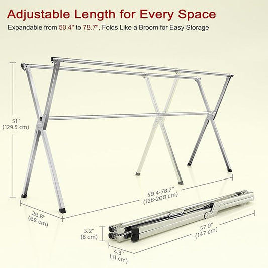 Clothes Drying Rack, Heavy-Duty Folding Laundry Drying Rack for Indoor Outdoor Use, 50.4-78.7" Extendable Stainless Steel, Space-Saving Design, Foldable Freestanding Airer