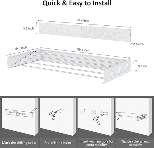 Laundry Drying Rack, Collapsible Wall Mounted Clothes Drying Rack - Foldable,Space Saving, 13.2 Linear Ft, 5 Aluminum Rods, 60 lb Capacity (White, 40" Wide)