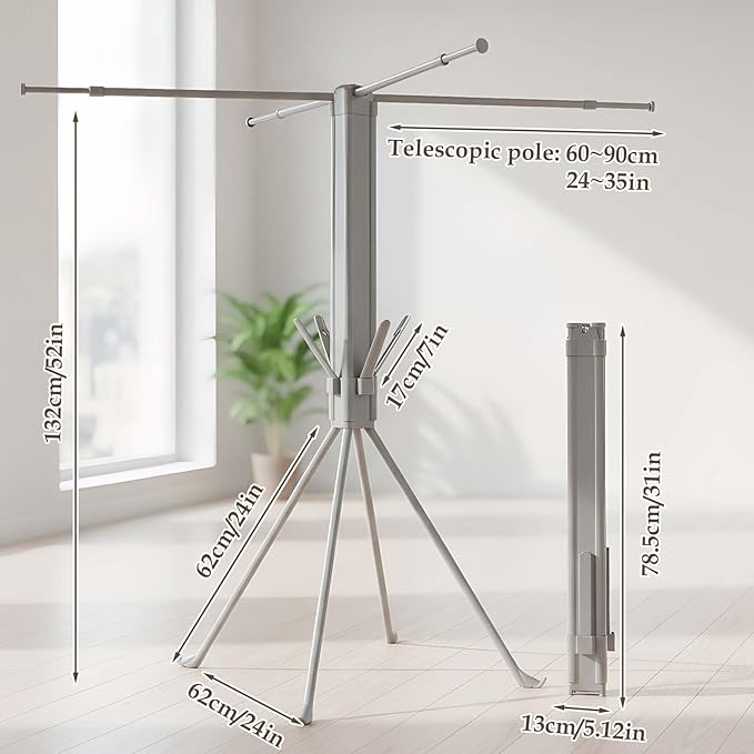 cjc Foldable Clothes Drying Rack, Drying Rack Clothing,Collapsible Drying Racks for Laundry Used for Indoor, Outdoor, 4 Retractable Drying Rods + 4 Shoe Racks/Grey