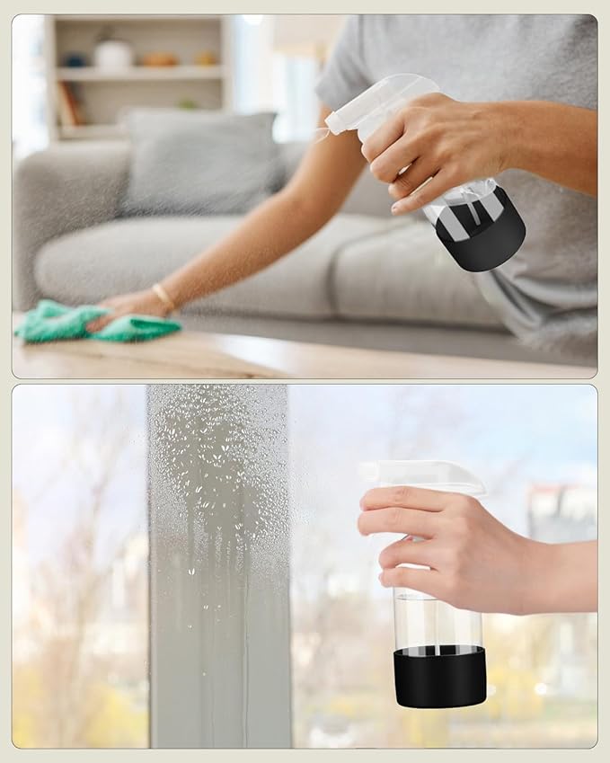 Worldgsb 2 Pack Glass Spray Bottles 8 oz, Empty Refillable Containers with Silicone Sleeve Protection, Glass Spray Bottles for Cleaning Solutions, Hair and Plants with Adjustable Nozzles Black