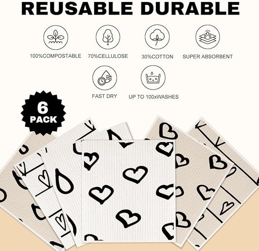 Swedish Dishcloths for Kitchen, 6 Pack heart shape Geometric Reusable Paper Towels Reusable Paper Towels and Dishcloths Sets, Washable Absorbent Cellulose Sponge Cloths No Odor For Cleaning Home