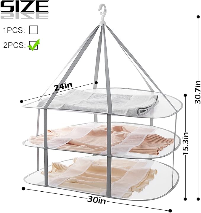 3 Tier Folding Mesh Clothes Drying Rack, Stackable Sweater Drying Rack with Internal Fixation, Portable Hanging Laundry Rack for T-Shirt,Swimsuit,Sweater,Delicates (2 Pack)