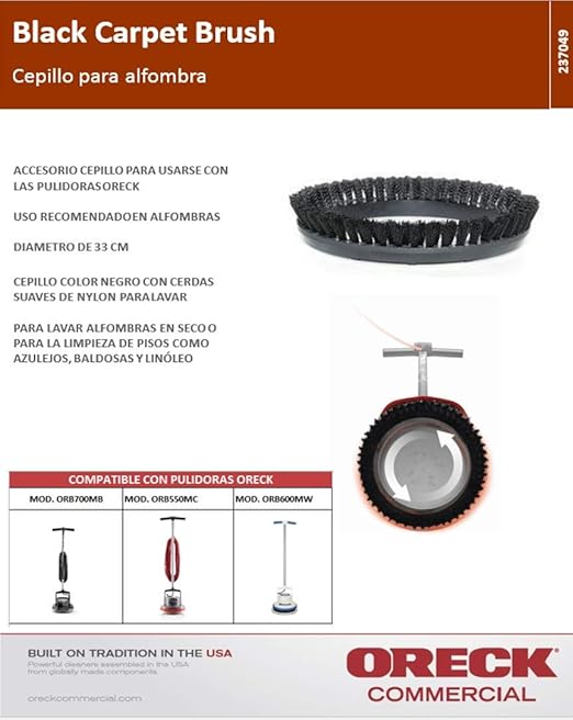 Oreck - 237.049 Commercial 237049 Nylon Carpet Shampoo Orbiter Brush, 12" Diameter, 0.012" Bristle Diameter, Black, For ORB550MC Orbiter Floor Machine