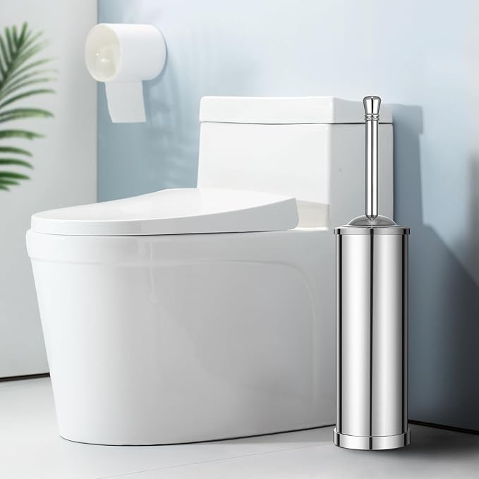 Chrome Toilet Brush and Holder,Toilet Bowl Brush with Long Handle for Bathroom,Toilet Cleaner Brush-Space,Saving,Covered Brush,Durable, Deep,Cleaning,Splash Resistant (Chrome)