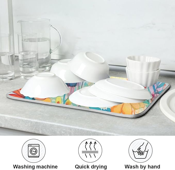 Colorful Beautiful Flowers Dish Drying Mat for Kitchen Counter Absorbent Microfiber Drying Pad, Large 18x24 in, Reversible Drainer Mats