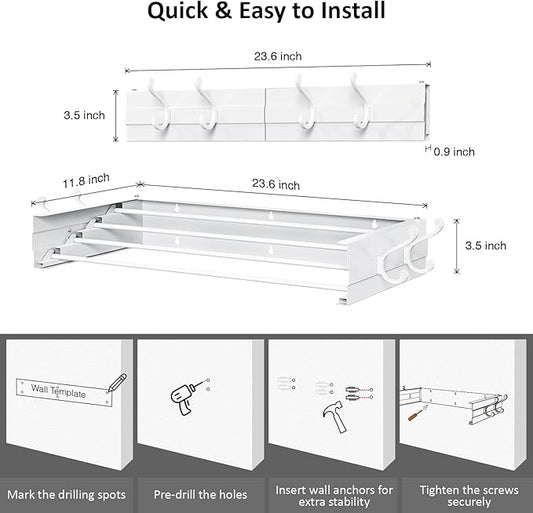 Laundry Drying Rack, Collapsible Wall Mounted Clothes Drying Rack - Foldable,Space Saving, 13.2 Linear Ft, 4 Aluminum Rods, 60 lb Capacity (White, 23.6" Wide)