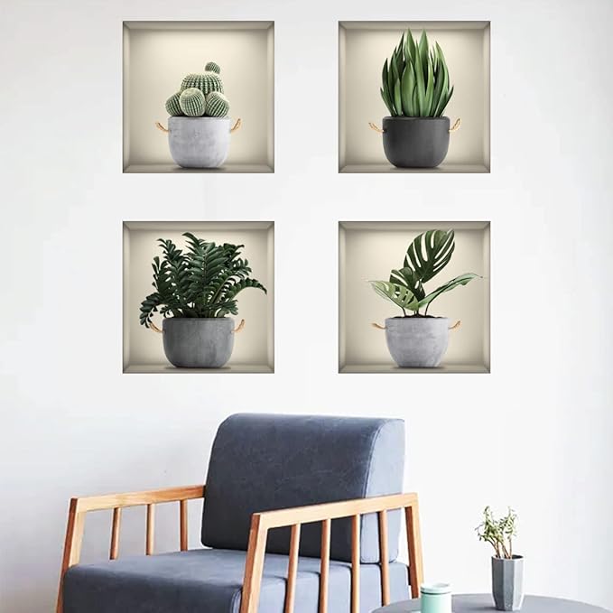 3D Wall Stickers DIY Flower Wall Decal Removable Waterproof Wall Art Decor for Bedroom Living Room Offices Home Decoration (Green Pot Plants)