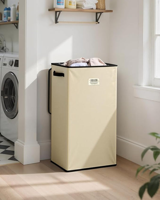 SOLEDI Laundry Hamper with Lid 100L Large & Tall Collapsible Laundry Basket, Clothes Hamper with Bag Removable Easy to Carry, Dirty Hampers for Bedroom, Bathroom, Dorm, College, Beige