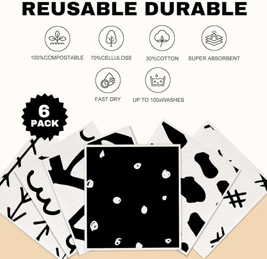 Swedish Dishcloths for Kitchen, 6 Pack Black White Reusable Paper Towels, Washable Absorbent Cellulose Sponge Cloths No Odor, Gifts for Women Hostess, Home Kitchen Cleaning Essentials
