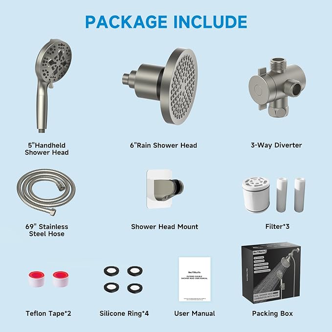 Shower Heads With Handheld Spray Combo,6" High Pressure Rain Shower Head with Filters,5" Handheld Filtered Shower Head,Dual Shower Head Set With 69" Stainless Steel Shower Hose