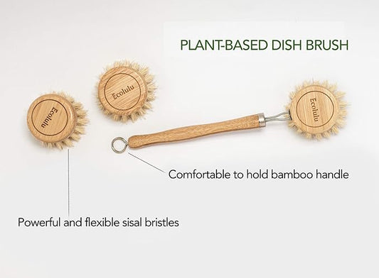 ECOLULU Natural Bamboo Dish Brush & Wood Bottle Brush for Wide Mouth Bottles, Cups and Jars, 2 Replacement Heads included (4 units total) Biodegradable, Eco Friendly Products